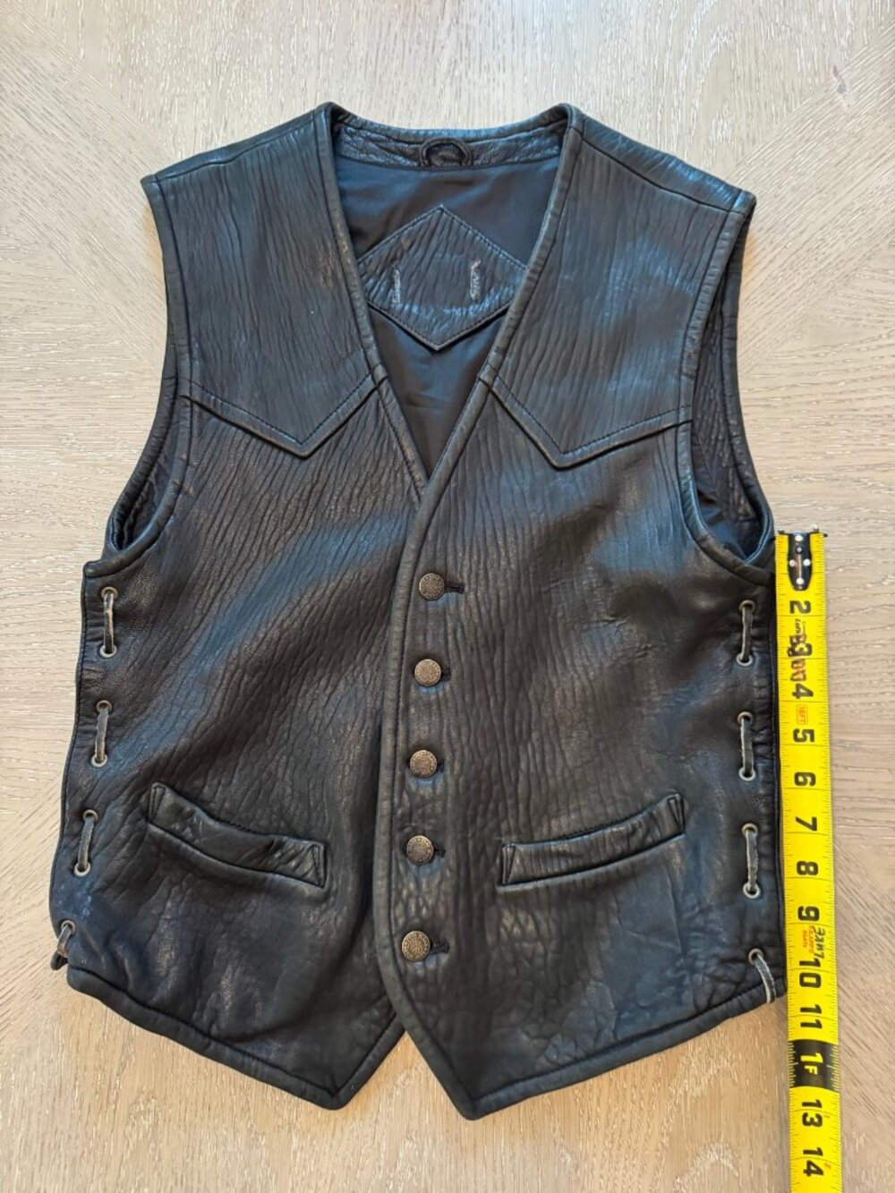 DKNY Jeans Leather Vest Womens S Black Snap Button Lace Up Harley Patch